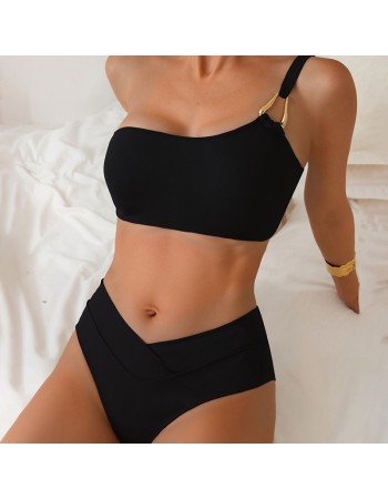 Sexy Metal Buckle One Shoulder Bikini Set Push up Cross High Waist Swimsuit Summer Bathing Suit Two Piece Swimwear CC600BK