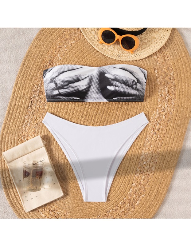 Bandeau Bikini Set Printed Two Piece with Adjustable Ties Sexy Trendy Swimsuit Summer Off Shoulder Bikini Top White Panties Set CC603BK