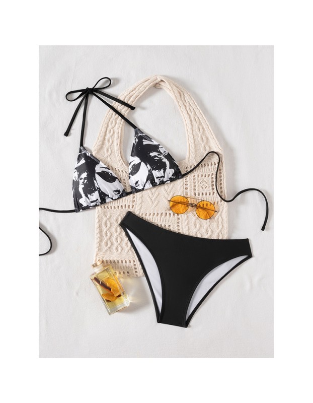 Sexy Black Portrait Print Swimwear String Halter Triangle Bikini Set Swimsuit Bathing Suit Bikinis CC602BK