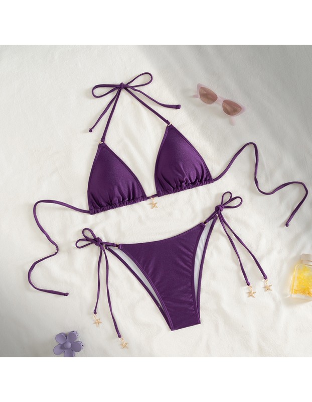 Wrap Around Halter Metallic Satin Bikini Women Swimwear Female Swimsuit Two-pieces Bikini Set Brazilian Bathing Suit Swim Lady FF1291PU
