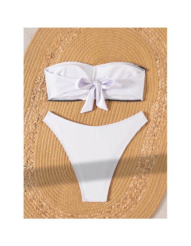 Bandeau Bikini Set Printed Two Piece with Adjustable Ties Sexy Trendy Swimsuit Summer Off Shoulder Bikini Top White Panties Set CC603BK