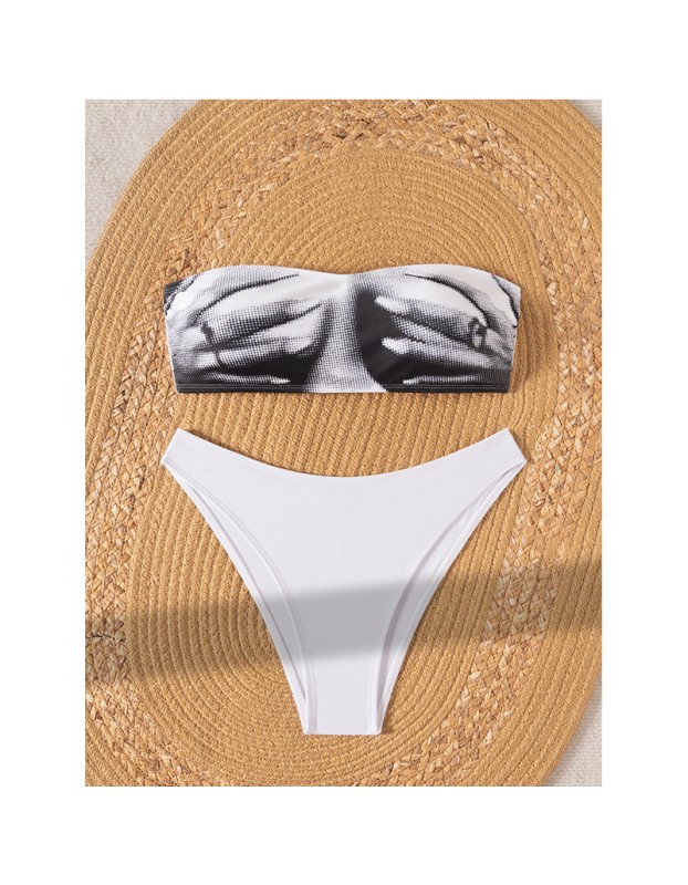 Bandeau Bikini Set Printed Two Piece with Adjustable Ties Sexy Trendy Swimsuit Summer Off Shoulder Bikini Top White Panties Set CC603BK