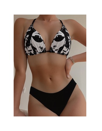 Sexy Black Portrait Print Swimwear String Halter Triangle Bikini Set Swimsuit Bathing Suit Bikinis CC602BK