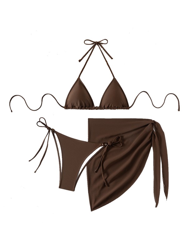 Women's Bikinis And Tankinis New Solid Color Three Two Piece Outfits Sexy Bikini Swimsuit Set Neck Halter Leace-up Beachwear FF1279BR