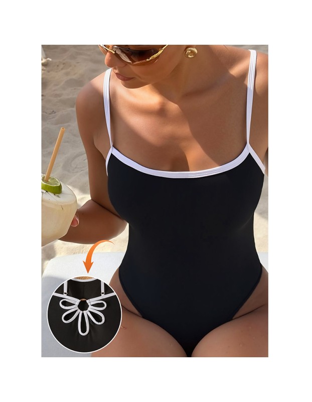 Vintage Black White Contrast One Piece Swimsuit Hollow Out Backless Cross Beach Bathing Suit Holiday Swimwear CC608BK