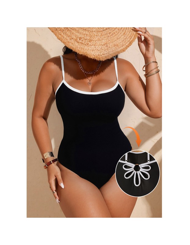 Vintage Black White Contrast One Piece Swimsuit Hollow Out Backless Cross Beach Bathing Suit Holiday Swimwear CC608BK