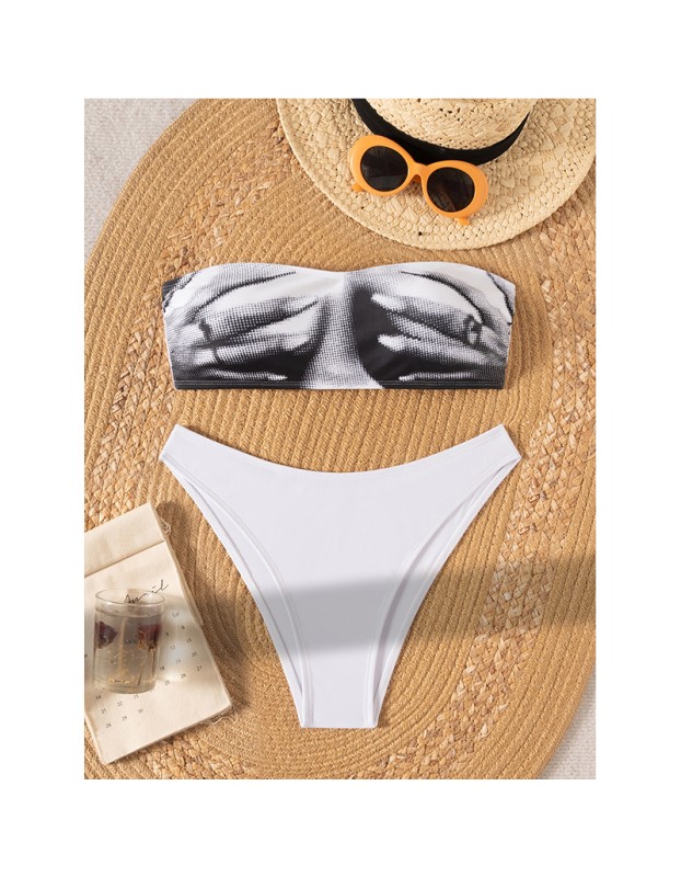 Bandeau Bikini Set Printed Two Piece with Adjustable Ties Sexy Trendy Swimsuit Summer Off Shoulder Bikini Top White Panties Set CC603BK
