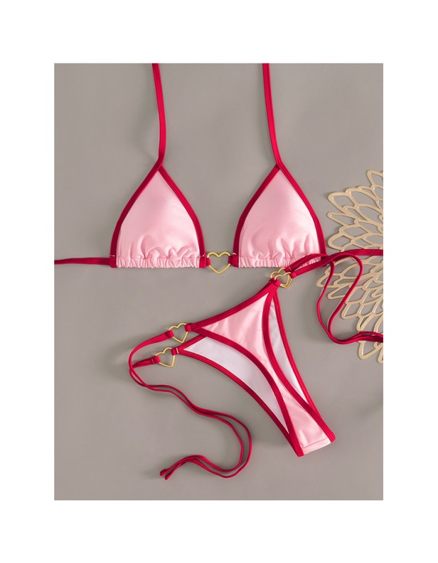 Sexy Pink Triangle Micro Bikini Thong Set Swimsuit Women 2026 Heart Metal Ring String Halter Swimwear Bathing Suit Bikinis FF1287PI