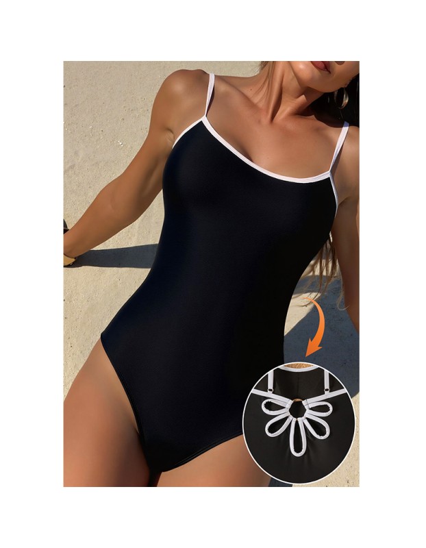 Vintage Black White Contrast One Piece Swimsuit Hollow Out Backless Cross Beach Bathing Suit Holiday Swimwear CC608BK