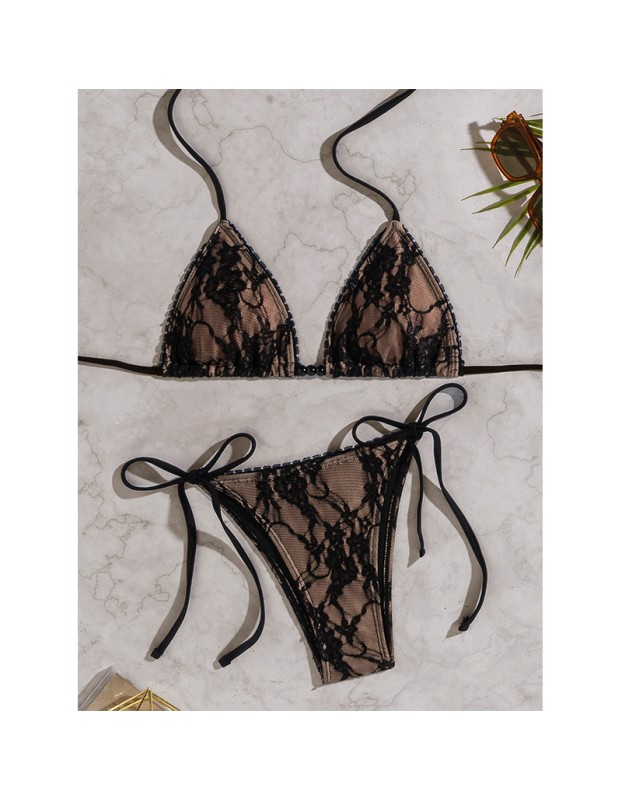 2026 New bikini Lace fabric beaded tie backless sexy two-piece bikini swimsuit FF1270BK