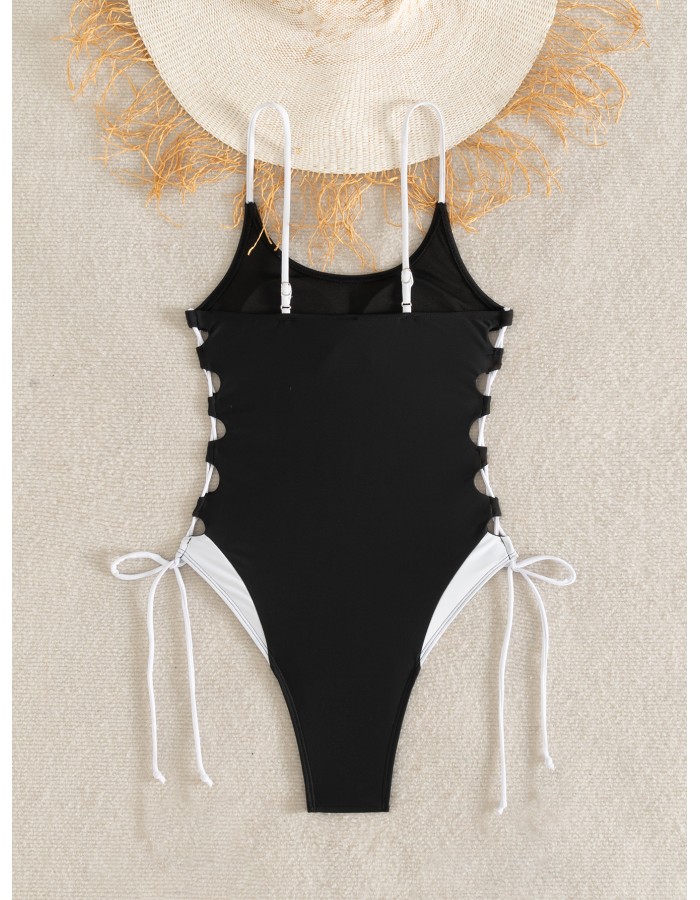 S - XL New Splicing Lace Up One Piece Swimsuit Women Swimwear Female High Leg Cut Monokini Padded Bather Bathing Suit Swim CC609BK