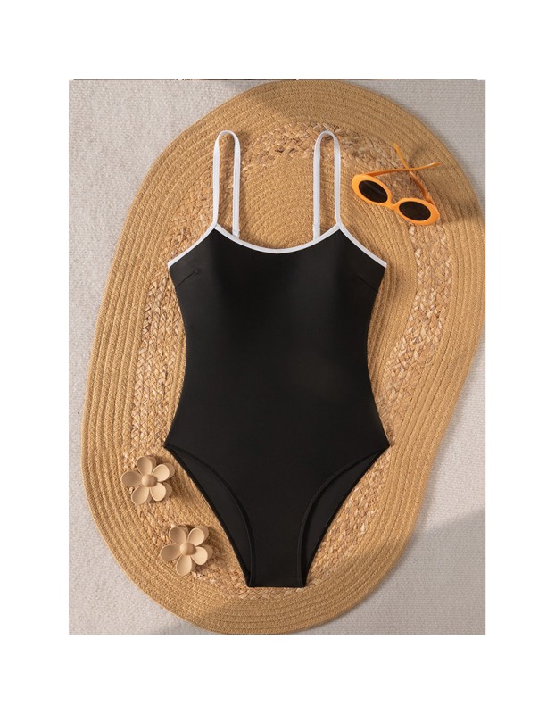 Vintage Black White Contrast One Piece Swimsuit Hollow Out Backless Cross Beach Bathing Suit Holiday Swimwear CC608BK