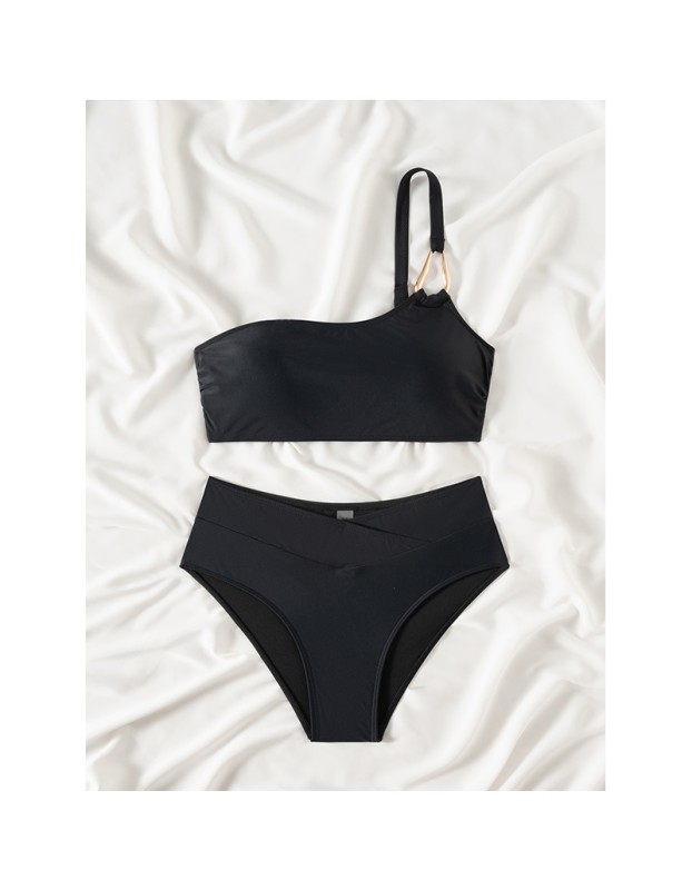 Sexy Metal Buckle One Shoulder Bikini Set Push up Cross High Waist Swimsuit Summer Bathing Suit Two Piece Swimwear CC600BK