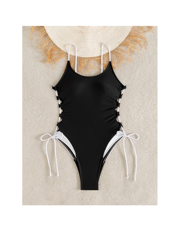 S - XL New Splicing Lace Up One Piece Swimsuit Women Swimwear Female High Leg Cut Monokini Padded Bather Bathing Suit Swim CC609BK