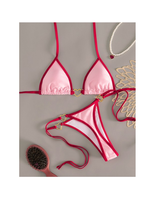 Sexy Pink Triangle Micro Bikini Thong Set Swimsuit Women 2026 Heart Metal Ring String Halter Swimwear Bathing Suit Bikinis FF1287PI