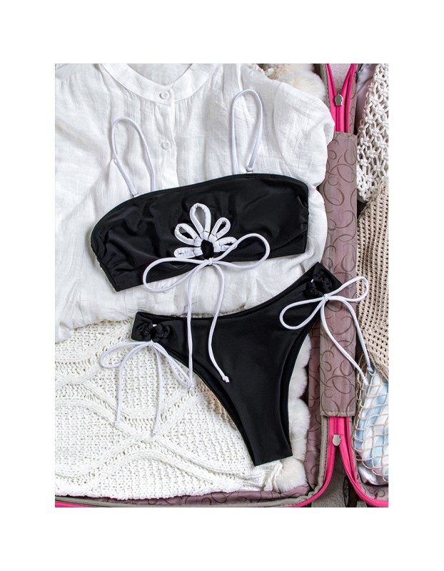 Sexy Black Holloe Out 3D Flower Bikini Set 2026 Swimwear Women Patchwork Halter Push up Drawstring Side High Waist Swimsuit FF1282-BK
