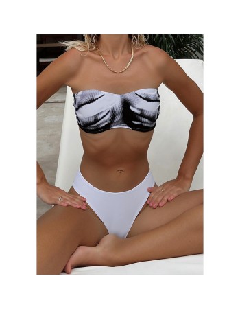 Bandeau Bikini Set Printed Two Piece with Adjustable Ties Sexy Trendy Swimsuit Summer Off Shoulder Bikini Top White Panties Set CC603BK