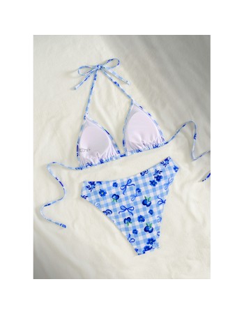Blue Plaid Print String Halter Triangle Bikini Sexy Swimsuit Women 2026 Flower Ladies Swimwear Bathing Suit Bikinis Sets Mujer FF1285BL