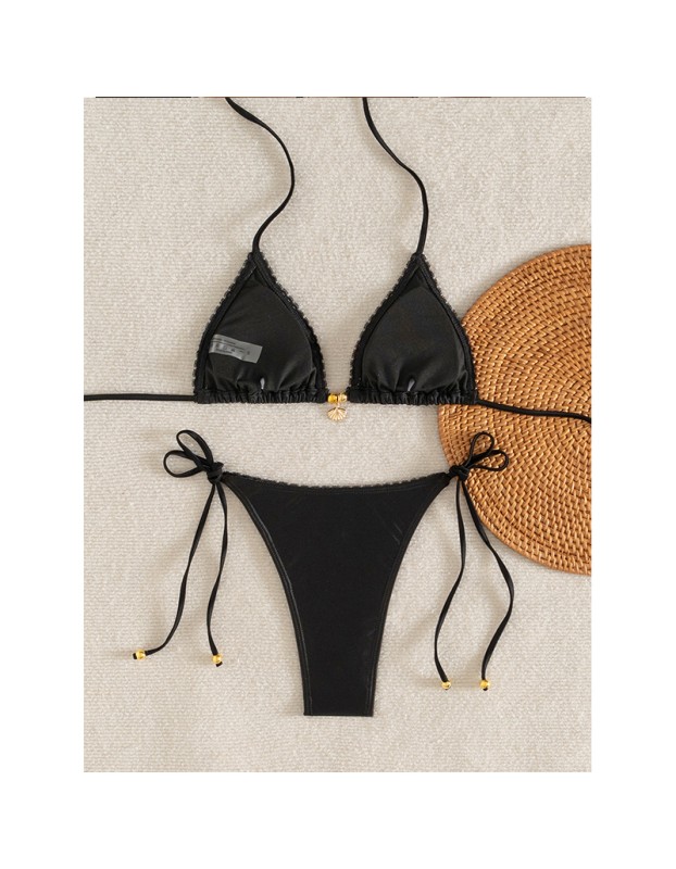 Solid Color Pendant Small Lace Ruffle Sexy Girl Swimsuit Set Bikini for Women FF1283BK