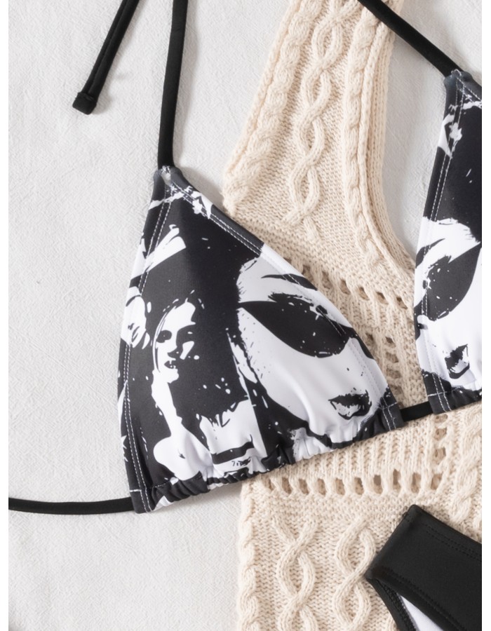Sexy Black Portrait Print Swimwear String Halter Triangle Bikini Set Swimsuit Bathing Suit Bikinis CC602BK