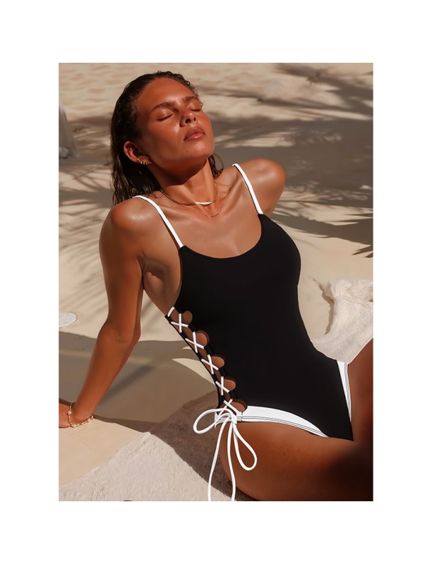 S - XL New Splicing Lace Up One Piece Swimsuit Women Swimwear Female High Leg Cut Monokini Padded Bather Bathing Suit Swim CC609BK
