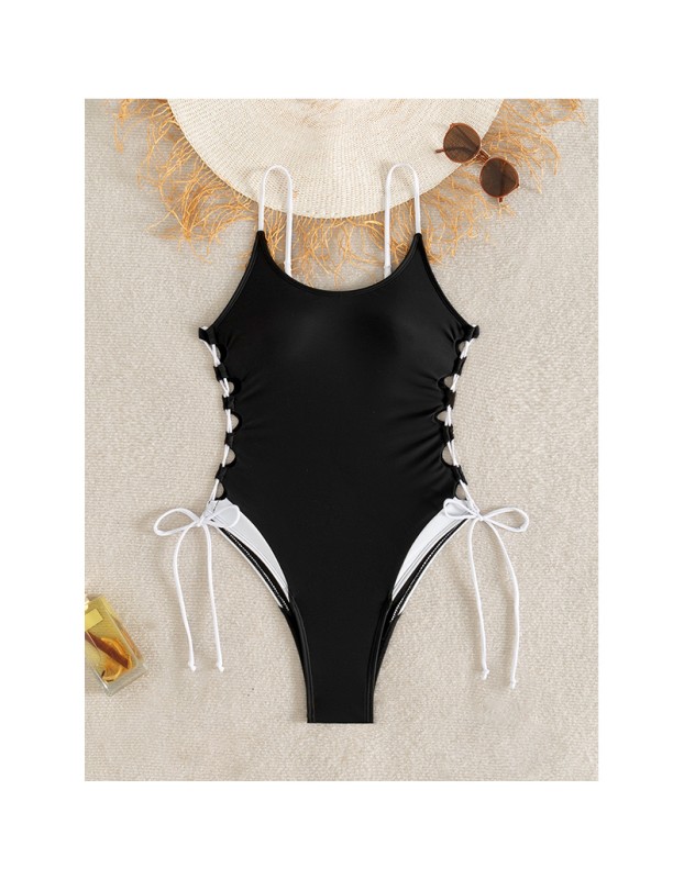 S - XL New Splicing Lace Up One Piece Swimsuit Women Swimwear Female High Leg Cut Monokini Padded Bather Bathing Suit Swim CC609BK