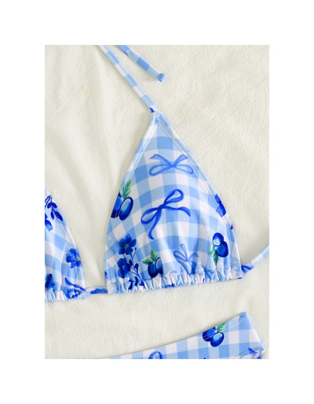 Blue Plaid Print String Halter Triangle Bikini Sexy Swimsuit Women 2026 Flower Ladies Swimwear Bathing Suit Bikinis Sets Mujer FF1285BL