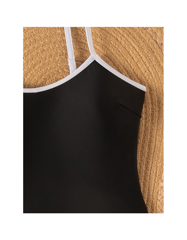 Vintage Black White Contrast One Piece Swimsuit Hollow Out Backless Cross Beach Bathing Suit Holiday Swimwear CC608BK