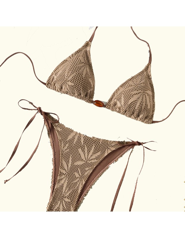 Brown Leaf Mesh Halter String Micro Bikini Thong Set Sexy Swimsuit Triangle Swimwear Bathing Suit Bikinis JY1049BR