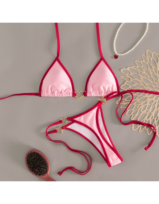 Sexy Pink Triangle Micro Bikini Thong Set Swimsuit Women 2026 Heart Metal Ring String Halter Swimwear Bathing Suit Bikinis FF1287PI