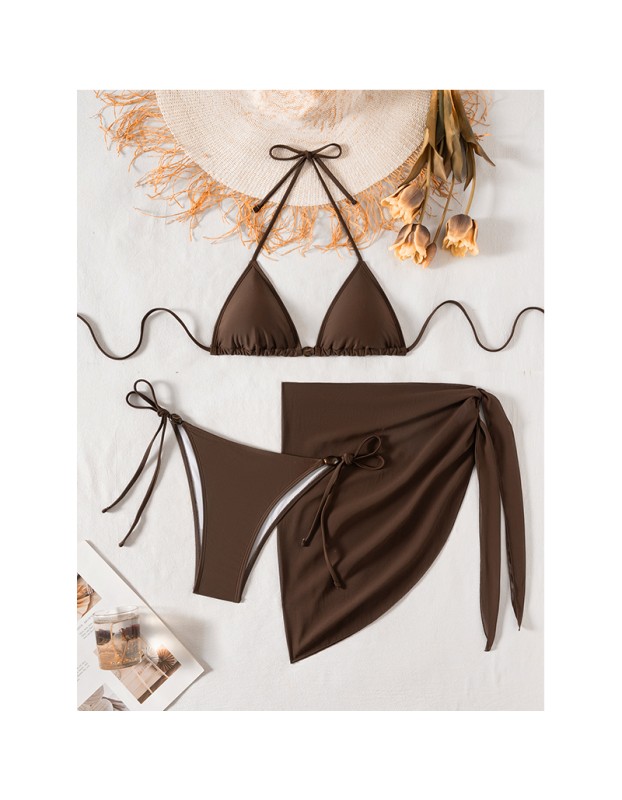 Women's Bikinis And Tankinis New Solid Color Three Two Piece Outfits Sexy Bikini Swimsuit Set Neck Halter Leace-up Beachwear FF1279BR