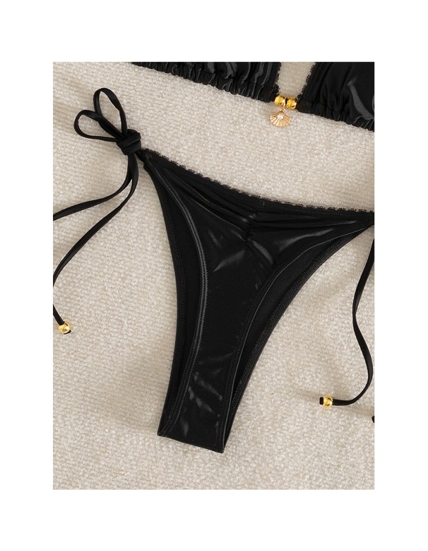 Solid Color Pendant Small Lace Ruffle Sexy Girl Swimsuit Set Bikini for Women FF1283BK