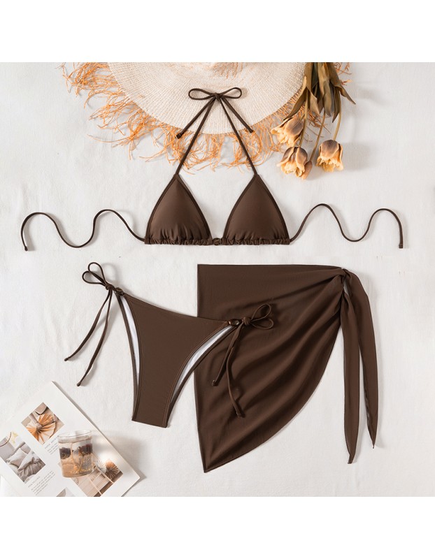 Women's Bikinis And Tankinis New Solid Color Three Two Piece Outfits Sexy Bikini Swimsuit Set Neck Halter Leace-up Beachwear FF1279BR