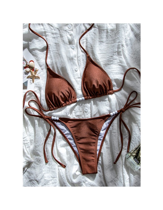 Sexy Coffee Bikini Set Women Pearls Strap Push up Bandage Thong Swimsuit Brazilian Summer Bathing Suit Micro Swimwear Set JY1073