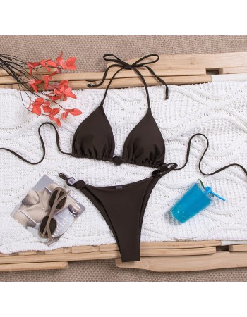 Women Thong Bikini Sexy Solid Coffee Halter Swimsuit Lace up Brazilian Bathing Suit New Double Fabric Beachwear  JY1066