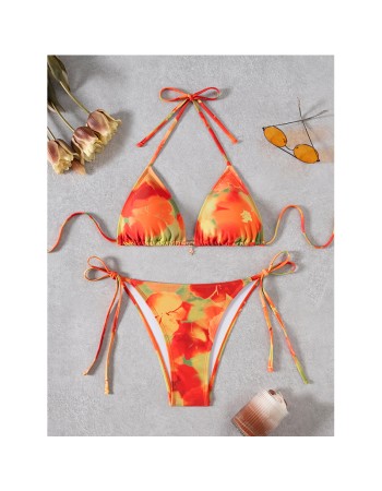 New Sexy Printed Backless Women's Split Swimsuit Casual Floral Pattern Lace up Three Ring Belt with Chest Cushion Bikini Set JY1057