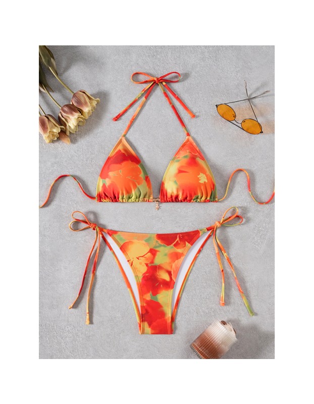 New Sexy Printed Backless Women's Split Swimsuit Casual Floral Pattern Lace up Three Ring Belt with Chest Cushion Bikini Set JY1057