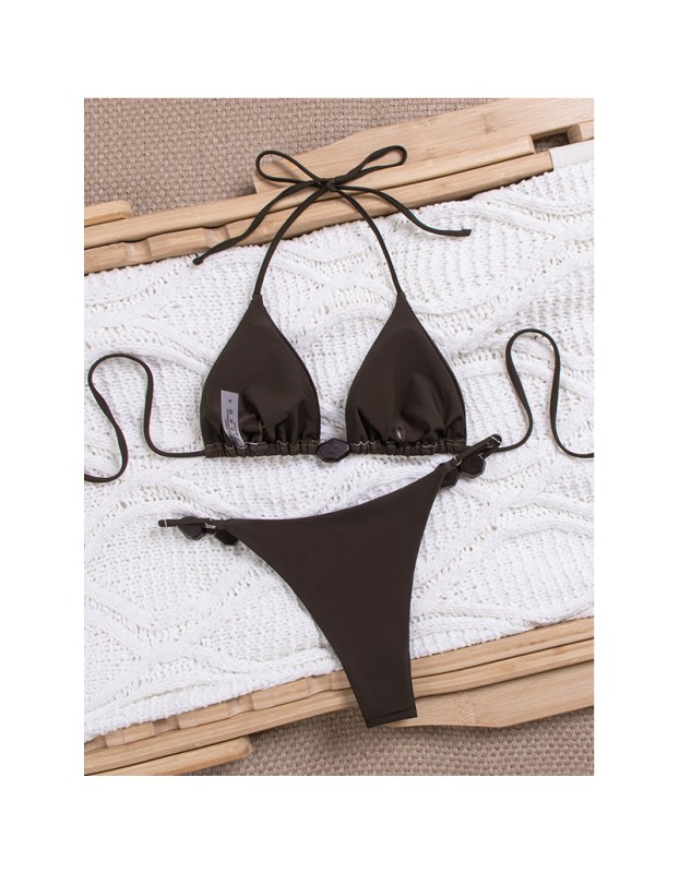 Women Thong Bikini Sexy Solid Coffee Halter Swimsuit Lace up Brazilian Bathing Suit New Double Fabric Beachwear  JY1066