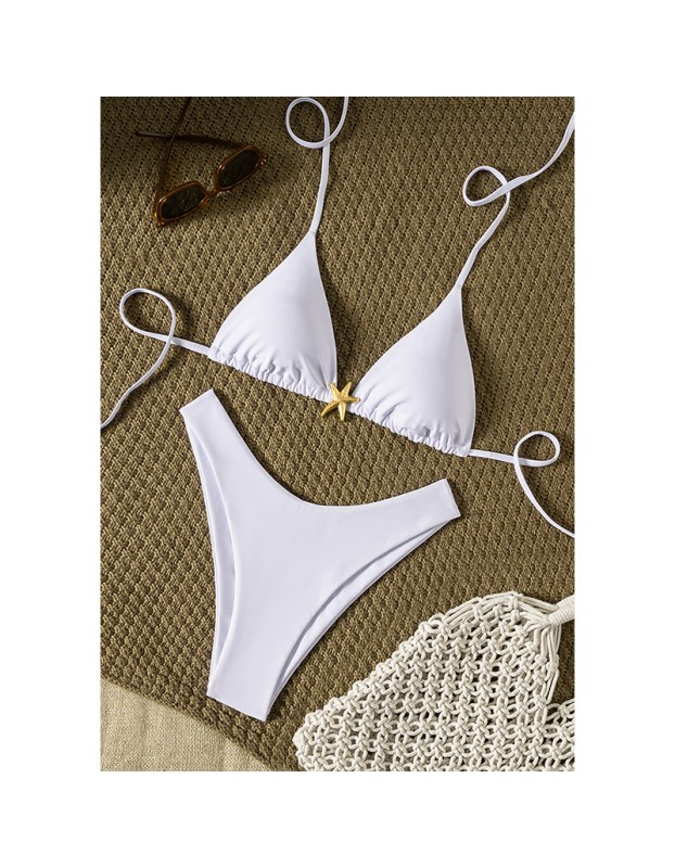 New Solid Color Metal Starfish Pendant Lace-up Sexy Triangle Cup Bikini Swimsuit JY1053