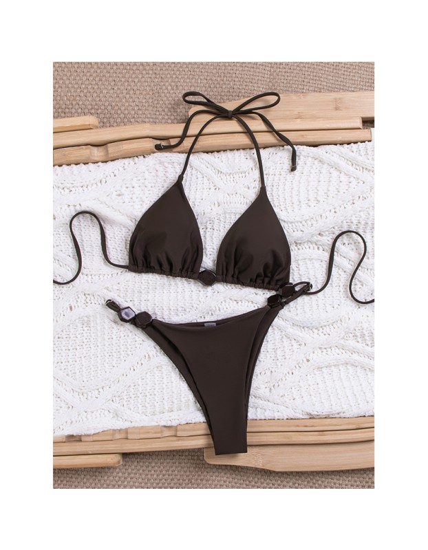 Women Thong Bikini Sexy Solid Coffee Halter Swimsuit Lace up Brazilian Bathing Suit New Double Fabric Beachwear  JY1066
