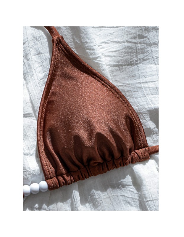 Sexy Coffee Bikini Set Women Pearls Strap Push up Bandage Thong Swimsuit Brazilian Summer Bathing Suit Micro Swimwear Set JY1073