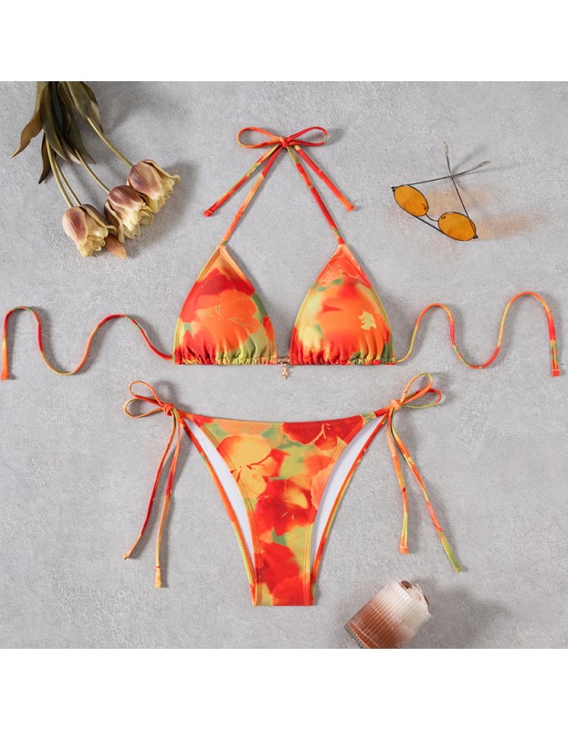 New Sexy Printed Backless Women's Split Swimsuit Casual Floral Pattern Lace up Three Ring Belt with Chest Cushion Bikini Set JY1057