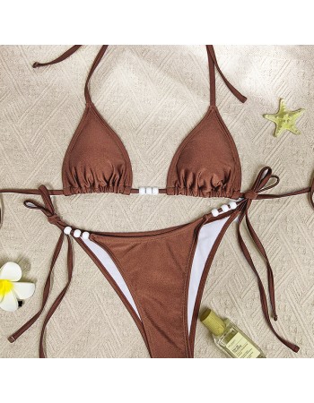 Sexy Coffee Bikini Set Women Pearls Strap Push up Bandage Thong Swimsuit Brazilian Summer Bathing Suit Micro Swimwear Set JY1073