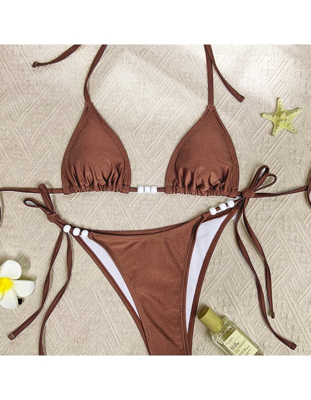 Sexy Coffee Bikini Set Women Pearls Strap Push up Bandage Thong Swimsuit Brazilian Summer Bathing Suit Micro Swimwear Set JY1073