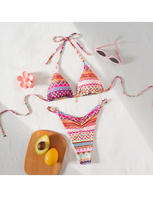 2026New Swimsuit ModelbikiniSmall Pendant Print Tie Three-Point Sexy Two-Piece Bikini JY1056