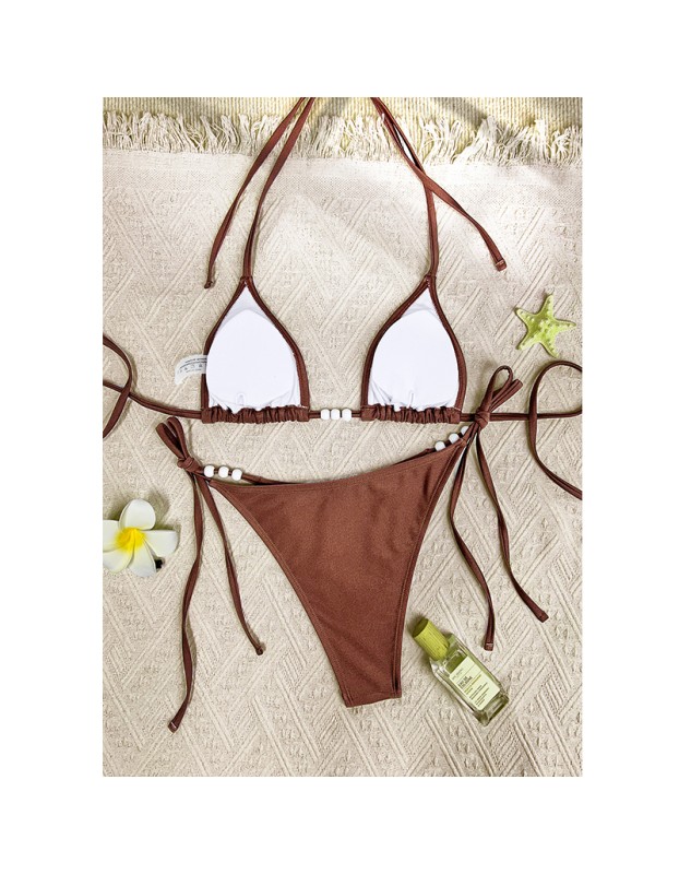 Sexy Coffee Bikini Set Women Pearls Strap Push up Bandage Thong Swimsuit Brazilian Summer Bathing Suit Micro Swimwear Set JY1073