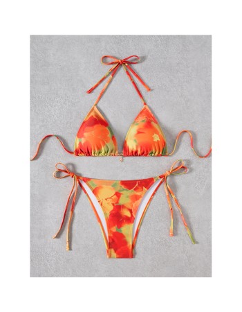 New Sexy Printed Backless Women's Split Swimsuit Casual Floral Pattern Lace up Three Ring Belt with Chest Cushion Bikini Set JY1057
