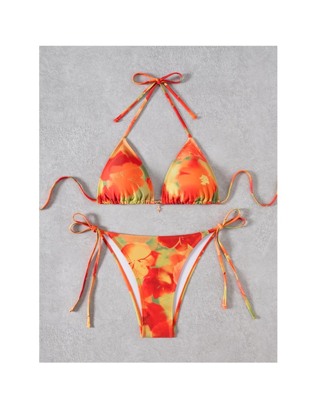 New Sexy Printed Backless Women's Split Swimsuit Casual Floral Pattern Lace up Three Ring Belt with Chest Cushion Bikini Set JY1057