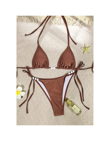 Sexy Coffee Bikini Set Women Pearls Strap Push up Bandage Thong Swimsuit Brazilian Summer Bathing Suit Micro Swimwear Set JY1073