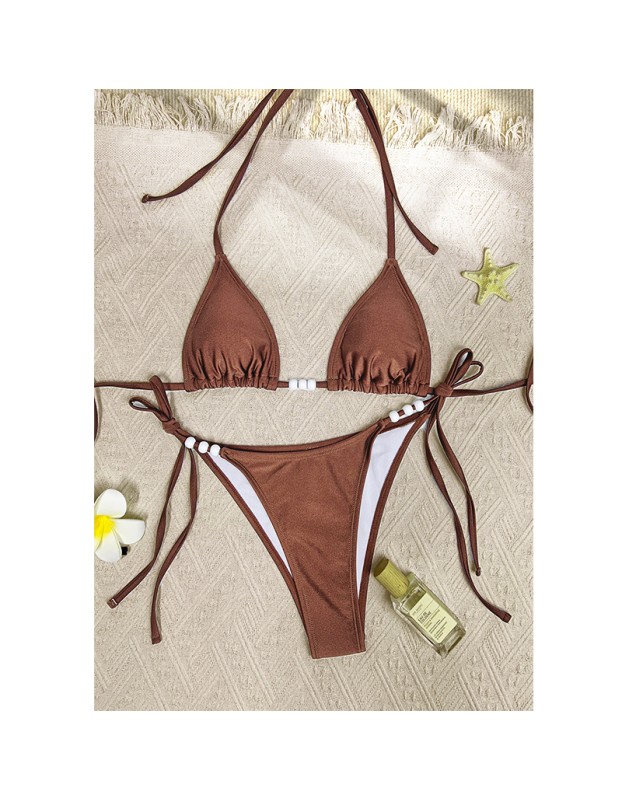 Sexy Coffee Bikini Set Women Pearls Strap Push up Bandage Thong Swimsuit Brazilian Summer Bathing Suit Micro Swimwear Set JY1073